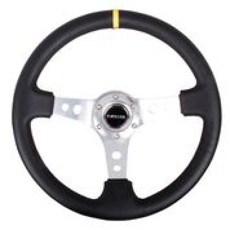 NRG Reinforced Steering Wheel (350mm / 3in. Deep) Blk Leather w/Circle Cut Spokes & Single Yellow CM-thumbmail-3
