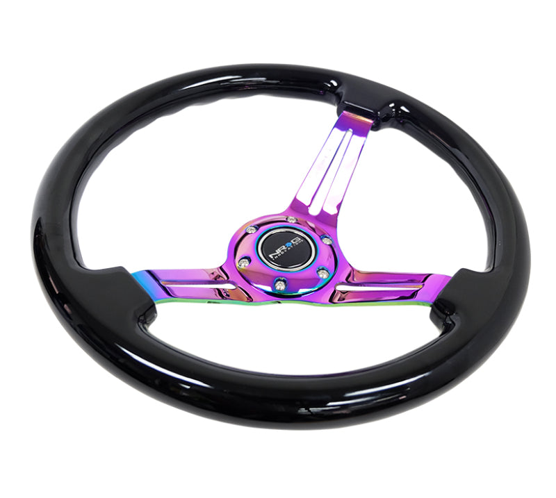NRG Reinforced Steering Wheel (350mm / 3in. Deep) Blk Wood w/Blk Matte Spoke/Neochrome Center Mark-thumbmail-3