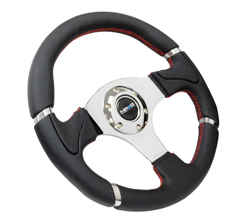 NRG Reinforced Steering Wheel (320mm) Blk Leather/Red Stitching w/Chrome 3-Spoke Center-thumbmail-3