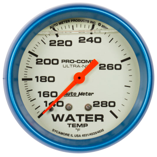 Autometer Ultra-Nite 2-5/8in 140-280 Degree Liquid Filled Mechanical Glow In Dark Water Temp Gauge