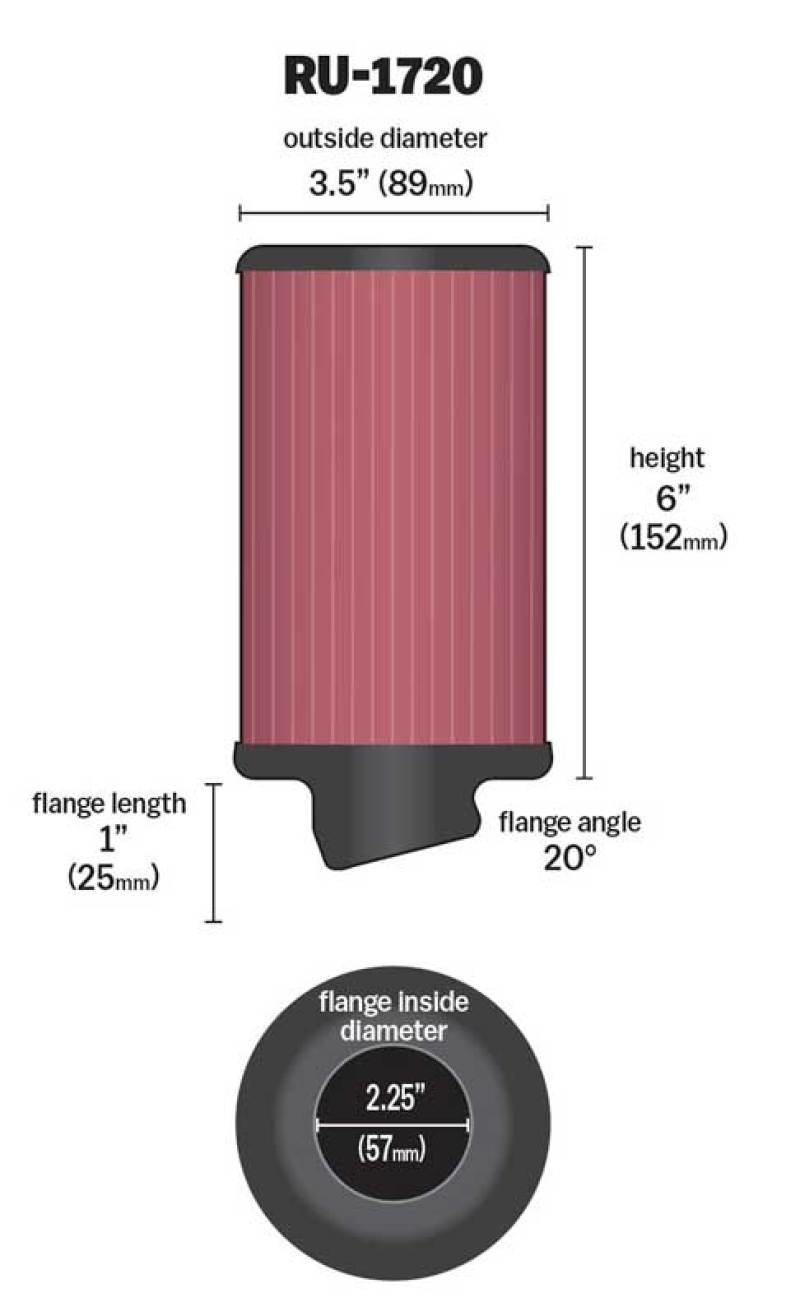 K&N Filter Universal Rubber Round Air Filter 20 Deg Flange Angle 2.25in Flange ID x 3.5in OD x 6in H-thumbmail-10