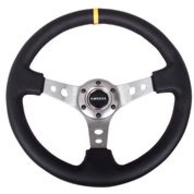 NRG Reinforced Steering Wheel (350mm / 3in. Deep) Blk Leather w/Gunmetal Cutout Spoke & Yellow CM-thumbmail-3