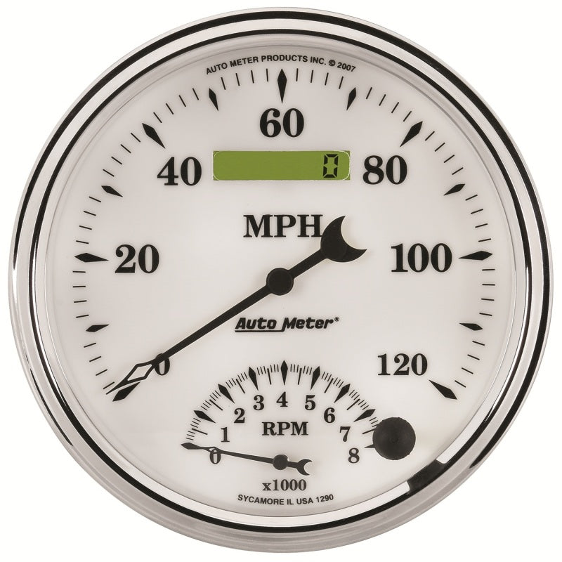 AutoMeter Gauge Tach/Speedo 5in. 120MPH & 8K RPM Elec. Program Old Tyme White II-thumbmail-1