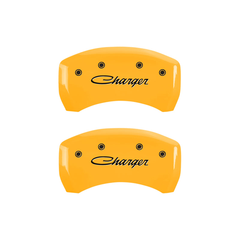 MGP 4 Caliper Covers Engraved Front & Rear 05-10 Dodge Charger R/T Yellow Finish Black Cursive Logo-thumbmail-4