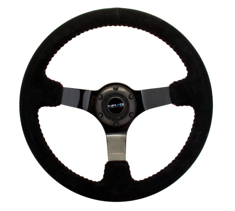 NRG Reinforced Steering Wheel (350mm / 3in. Deep) Blk Suede w/Red BBall Stitch & Black 3-Spoke-thumbmail-2