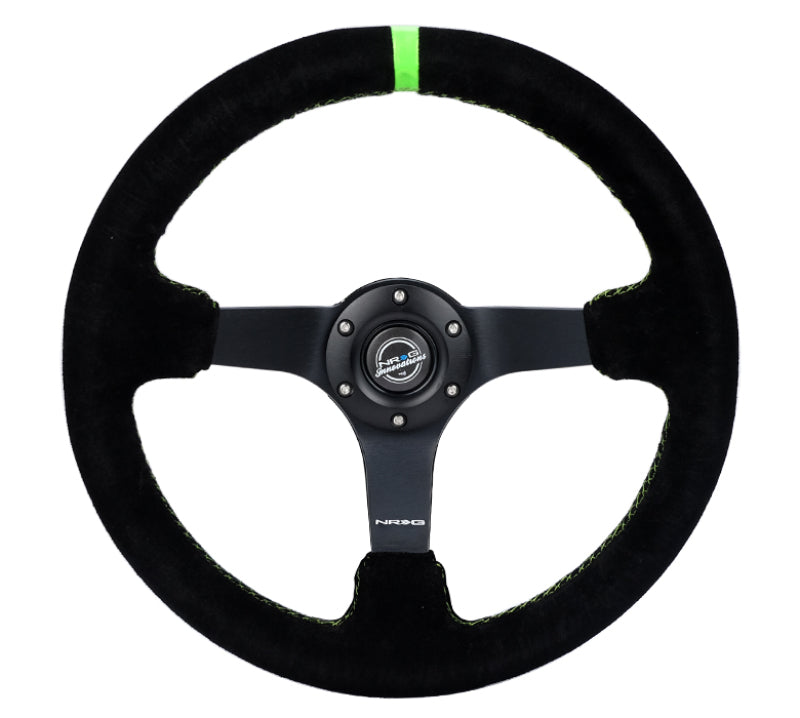 NRG Reinforced Steering Wheel 350mm/3in. Deep Blk Suede/ Neon Green Stitch w/5mm Matte Black Spoke-thumbmail-4