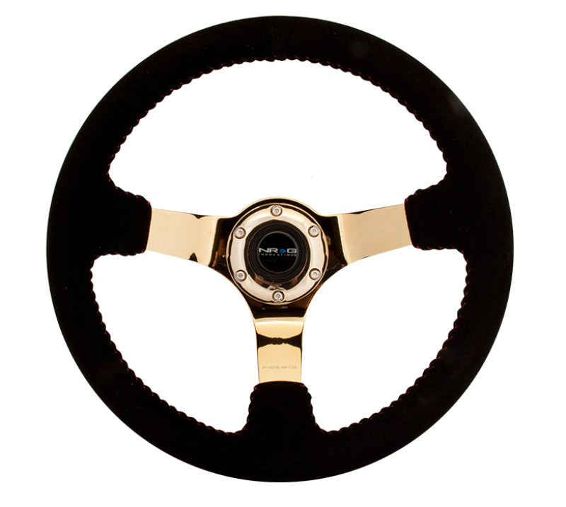 NRG Reinforced Steering Wheel (350mm / 3in. Deep) Blk Suede w/Red BBall Stitch & Chrome Gold 3-Spoke-thumbmail-2