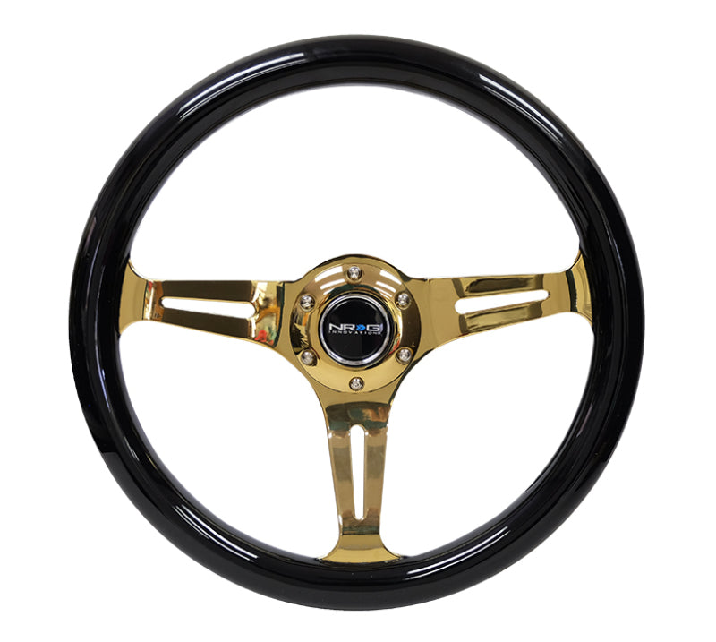 NRG Classic Wood Grain Steering Wheel (350mm) Black Grip w/Chrome Gold 3-Spoke Center-thumbmail-4