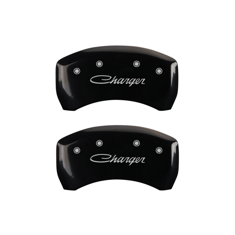 MGP 4 Caliper Covers Engraved Front & Rear Cursive/Charger Black finish silver ch-thumbmail-5