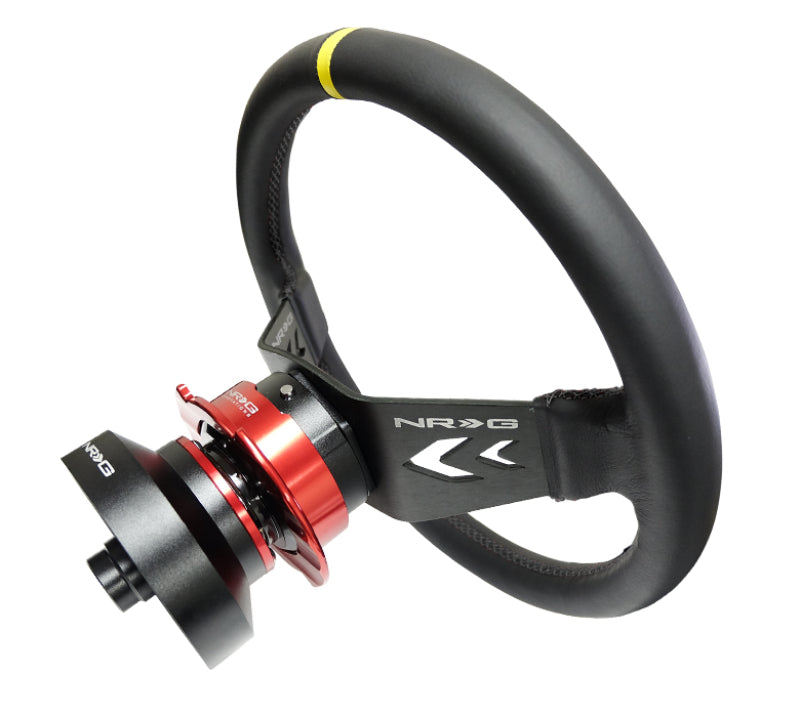 NRG Reinforced Steering Wheel (350mm / 3in Deep) Blk Leather w/NRG Arrow-Cut 2-Spoke & Sgl Yellow CM-thumbmail-2