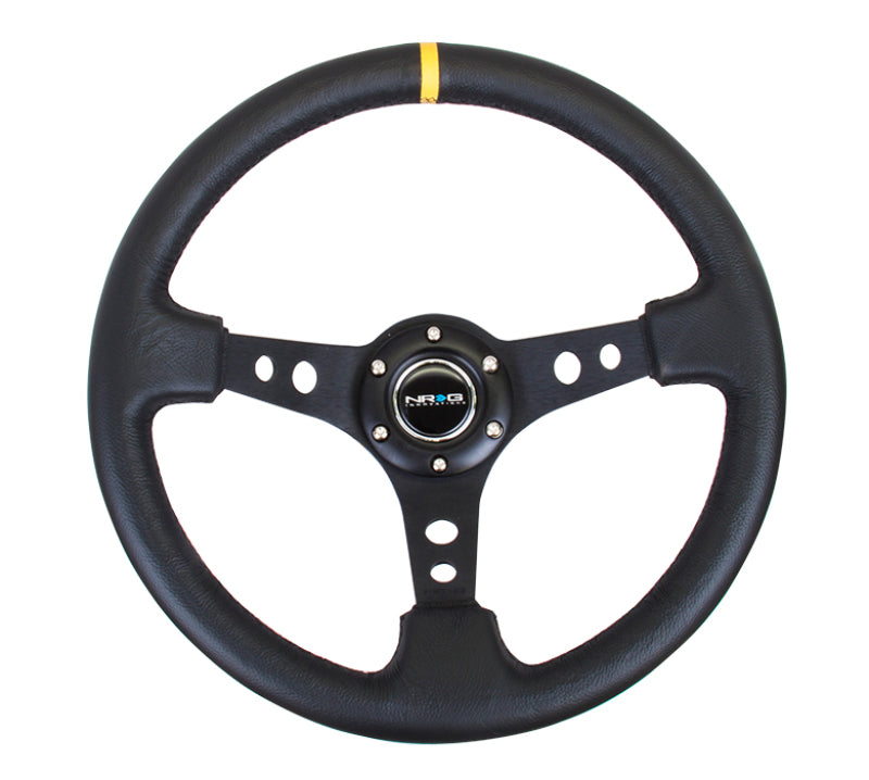 NRG Reinforced Steering Wheel (350mm / 3in. Deep) Blk Leather w/Blk Cutout Spoke/Yellow Center Mark-thumbmail-3