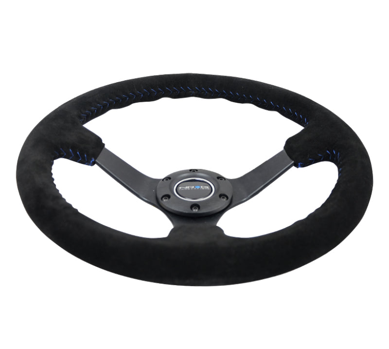 NRG Reinforced Steering Wheel (350mm / 3in. Deep) Blk Suede/Blue BBall Stitch w/5mm Matte Blk Spokes-thumbmail-6