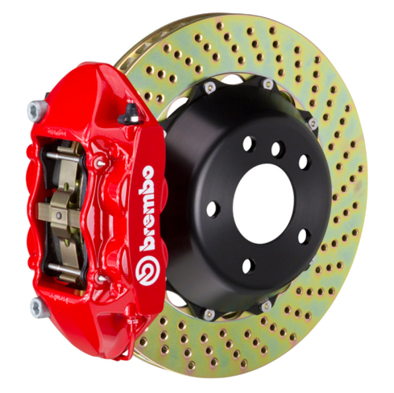Brembo 09-15 Lancer Ralliart Front GT BBK 4 Piston Cast 365x29 2pc Rotor Drilled-Red-thumbmail-1