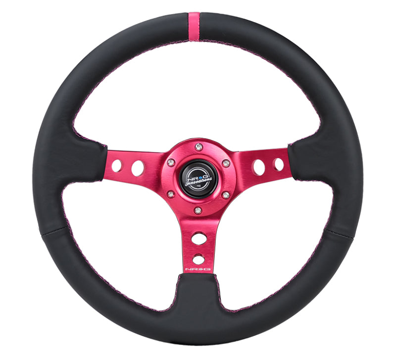 NRG Reinforced Steering Wheel (350mm/3in. Deep) Black Leather/ Fushia Center Mark/ Fushia Stitching-thumbmail-2