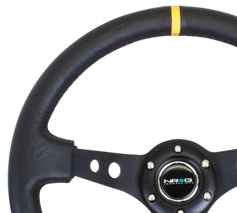 NRG Reinforced Steering Wheel (350mm / 3in. Deep) Blk Leather w/Blk Cutout Spoke/Yellow Center Mark-thumbmail-4