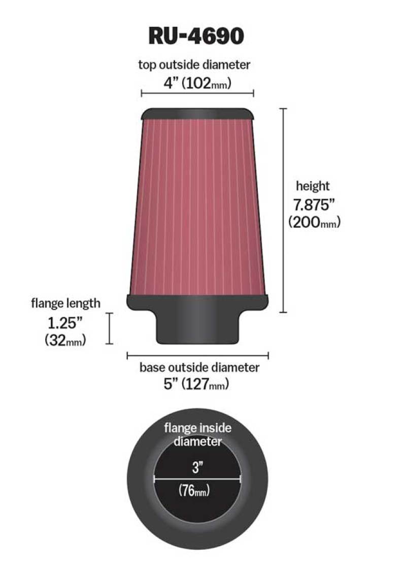 K&N Universal Round Tapered Filter 3 inch FLG / 5 inch Bottom / 4 inch Top / 7 7/8 inch Height-thumbmail-10