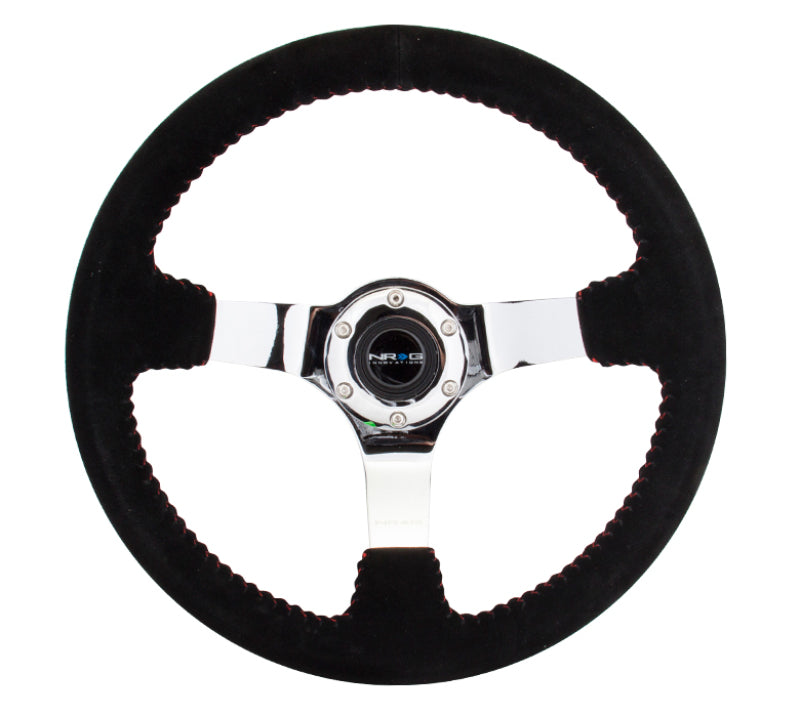 NRG Reinforced Steering Wheel (350mm / 3in. Deep) Blk Suede w/Red BBall Stitch & Chrome 3-Spoke-thumbmail-2