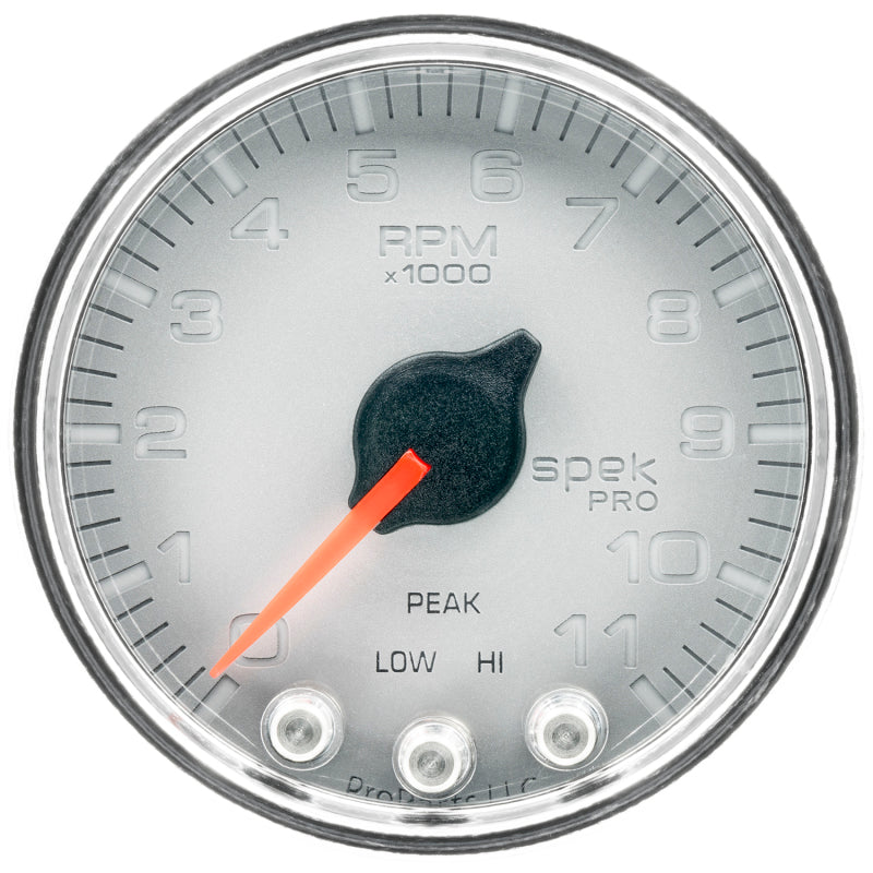 Autometer Spek-Pro Gauge Tach 2 1/16in 11K Rpm W/ Shift Light & Peak Mem Slvr/Chrm