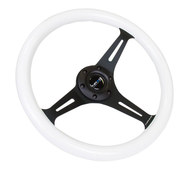 NRG Classic Wood Grain Steering Wheel (350mm) Glow-In-The-Dark Blue Grip w/Black 3-Spoke Center-thumbmail-3