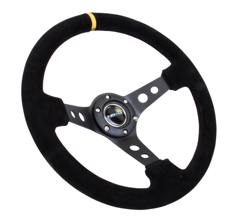 NRG Reinforced Steering Wheel (350mm / 3in. Deep) Blk Suede w/Circle Cut Spokes & Single Yellow CM-thumbmail-3