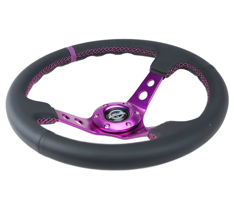 NRG Reinforced Steering Wheel (350mm / 3in. Deep) Black Leather w/Purple Center & Purple Stitching-thumbmail-3