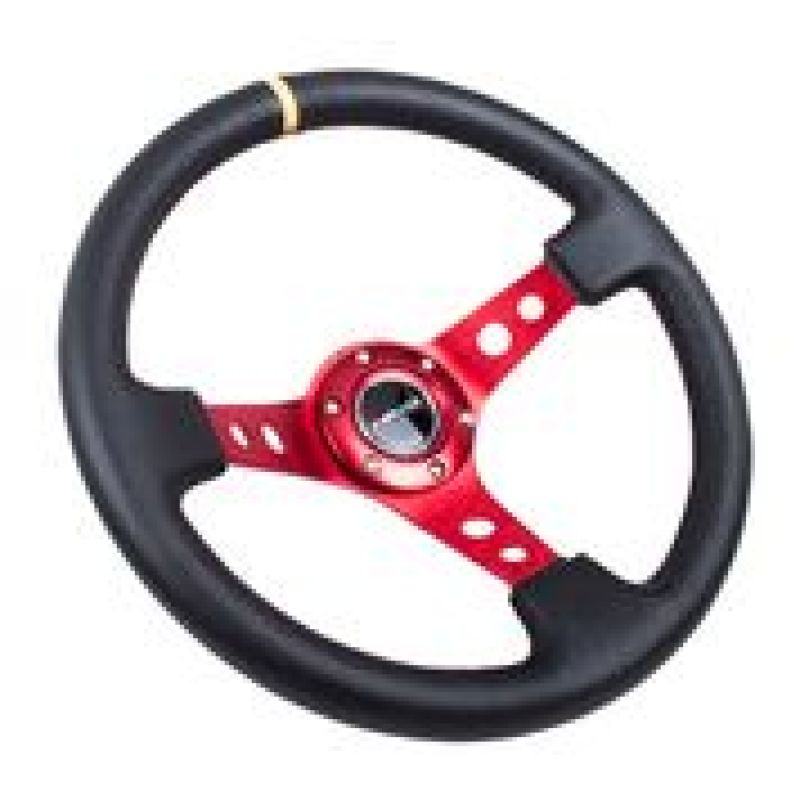 NRG Reinforced Steering Wheel (350mm / 3in. Deep) Blk Leather w/Red Spokes & Sgl Yellow Center Mark-thumbmail-2