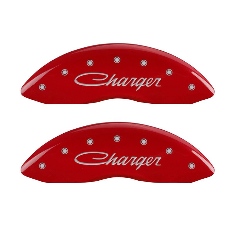 MGP 4 Caliper Covers Engraved Front & Rear Cursive/Charger Red finish silver ch-thumbmail-2
