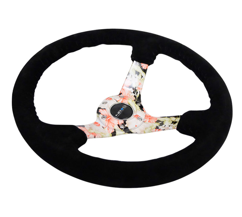 NRG Reinforced Steering Wheel (350mm / 3in. Deep) Blk Suede Floral Dipped w/ Blk Baseball Stitch-thumbmail-3