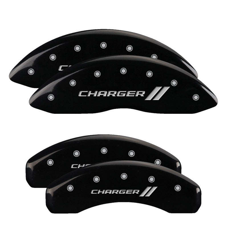 MGP 4 Caliper Covers Engraved Front & Rear Cursive/Charger Black finish silver ch-thumbmail-3