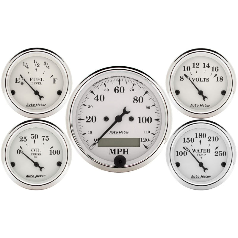 Autometer Old Tyme White 5 Piece Kit (Elec Speed/Elec Oil Press/Water Temp/Volt/Fuel Level) In-Dash-thumbmail-1