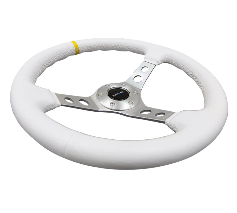NRG Reinforced Steering Wheel (350mm / 3in. Deep) Wht Leather w/Silver Spoke & Single Yellow Mark-thumbmail-7