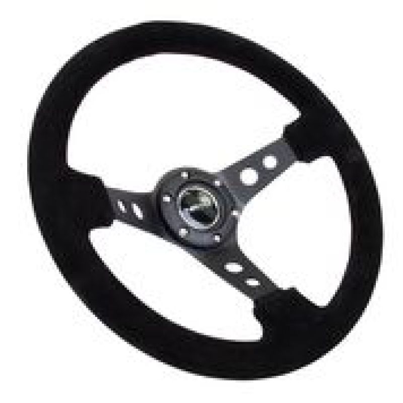 NRG Reinforced Steering Wheel (350mm / 3in. Deep) Blk Suede/Blk Stitch w/Black Circle Cutout Spokes-thumbmail-3