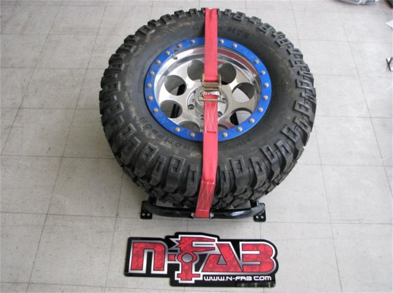 N-Fab Bed Mounted Tire Carrier Universal - Gloss Black - Red Strap-thumbmail-5