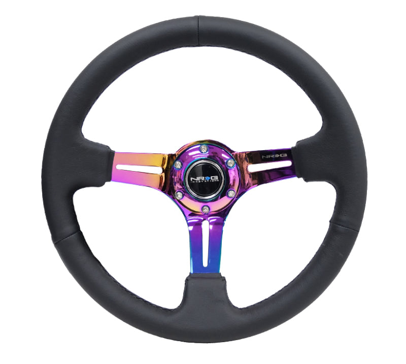 NRG Reinforced Steering Wheel (350mm / 3in. Deep) Blk Leather/Blk Stitch w/Neochrome Slits-thumbmail-3