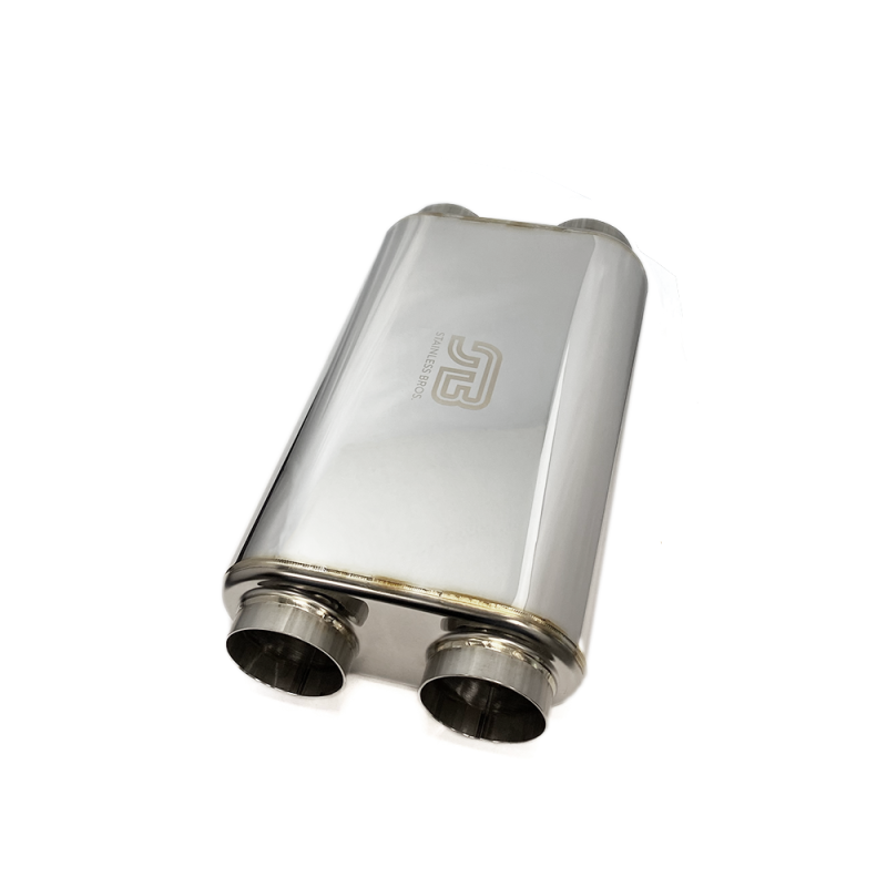 Stainless Bros 3in x 17in OAL SS304 Thin Oval Muffler (3in Dual In / 3in Dual Out) - Polished-thumbmail-1