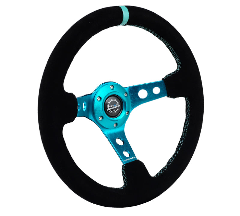 NRG Reinforced Steering Wheel (350mm/ 3in. Deep) Black Suede/ Teal Center Mark/ Teal Stitching-thumbmail-1