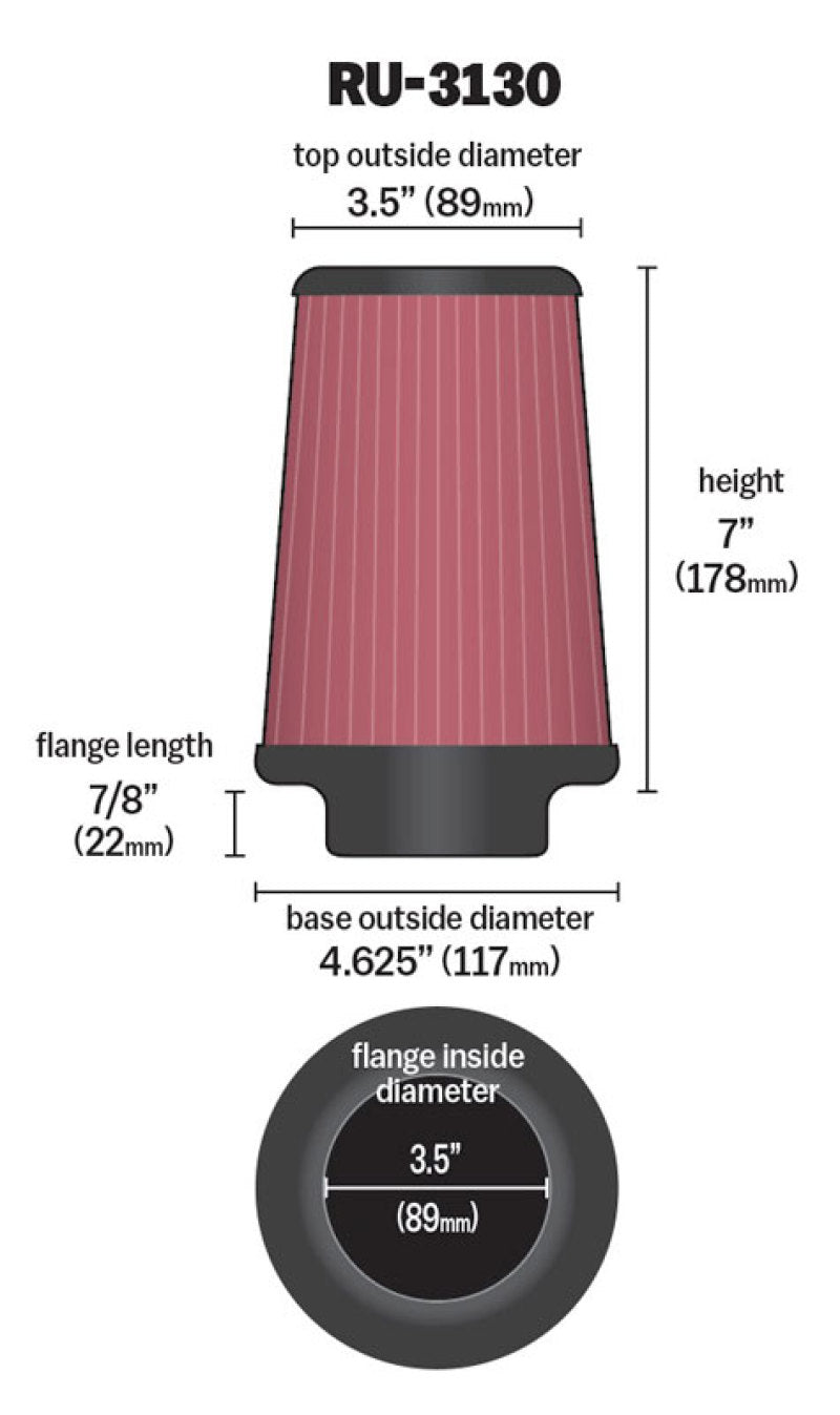 K&N Filter Universal Rubber Filter 3 1/2 inch Flange 4 5/8 inch Base 3 1/2 inch Top 7 inch Height-thumbmail-4