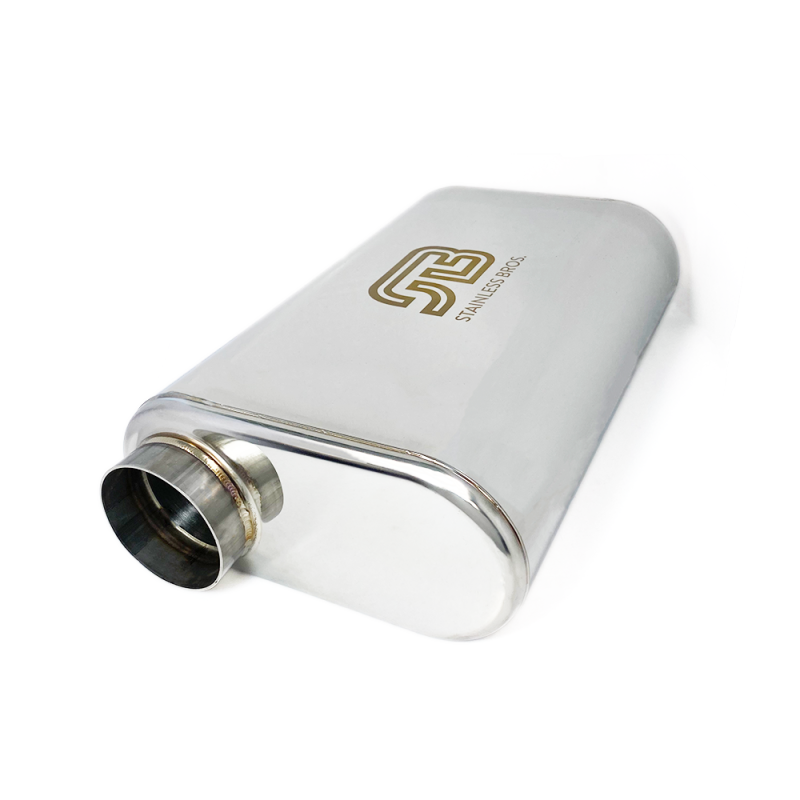 Stainless Bros 2.5in x 17in OAL SS304 Thin Oval Muffler (2.5in Offset In / 2.5in Offset Out)-thumbmail-1