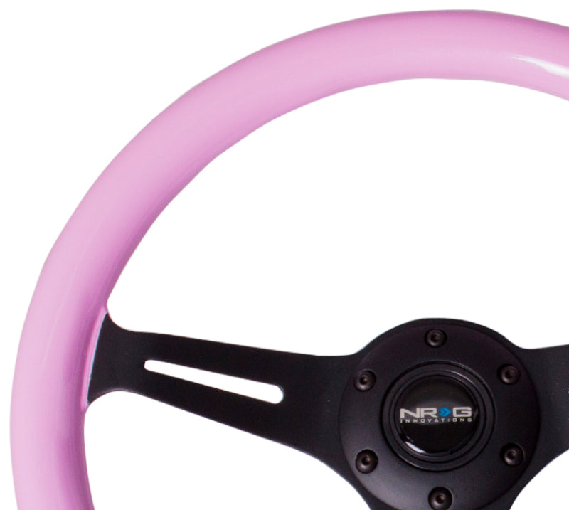 NRG Classic Wood Grain Steering Wheel (350mm) Solid Pink Painted Grip w/Black 3-Spoke Center-thumbmail-2