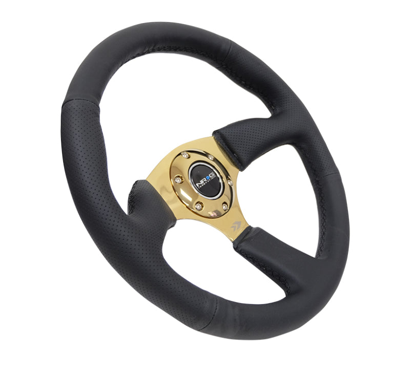 NRG Reinforced Steering Wheel (350mm / 2.5in. Deep) Leather Race Comfort Grip w/4mm Gold Spokes-thumbmail-2