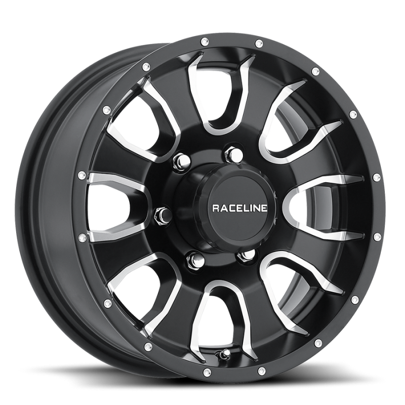 Raceline 860M Mamba 12x4in / 5x114.3 BP / 0mm Offset / 3.19mm Bore - Black & Machined Wheel-thumbmail-1