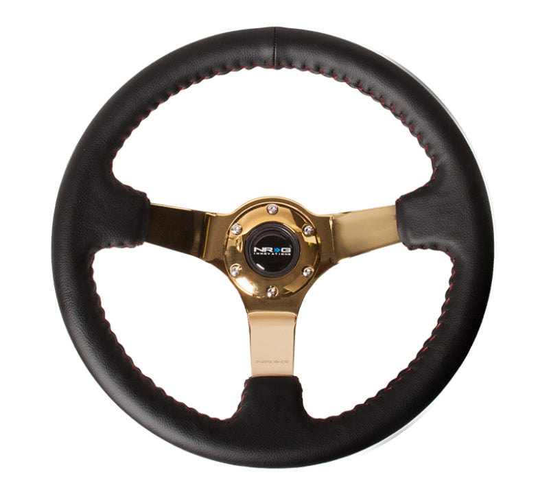 NRG Reinforced Steering Wheel (350mm / 3in. Deep) Blk Leather/Red BBall Stitch w/4mm Gold Spokes-thumbmail-2