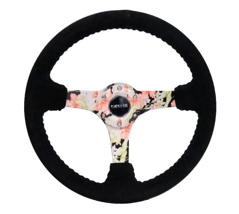 NRG Reinforced Steering Wheel (350mm / 3in. Deep) Blk Suede Floral Dipped w/ Blk Baseball Stitch-thumbmail-4