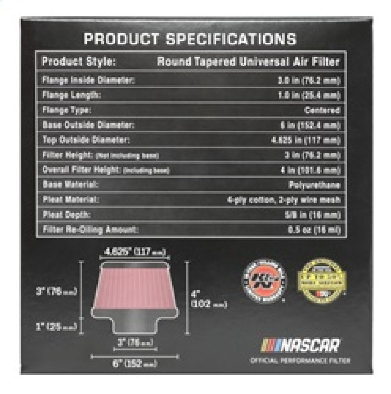 K&N Universal Round Clamp-On Air Filter 3in Flange ID x 6in Base OD x 4.625in Top OD x 3in Height-thumbmail-23