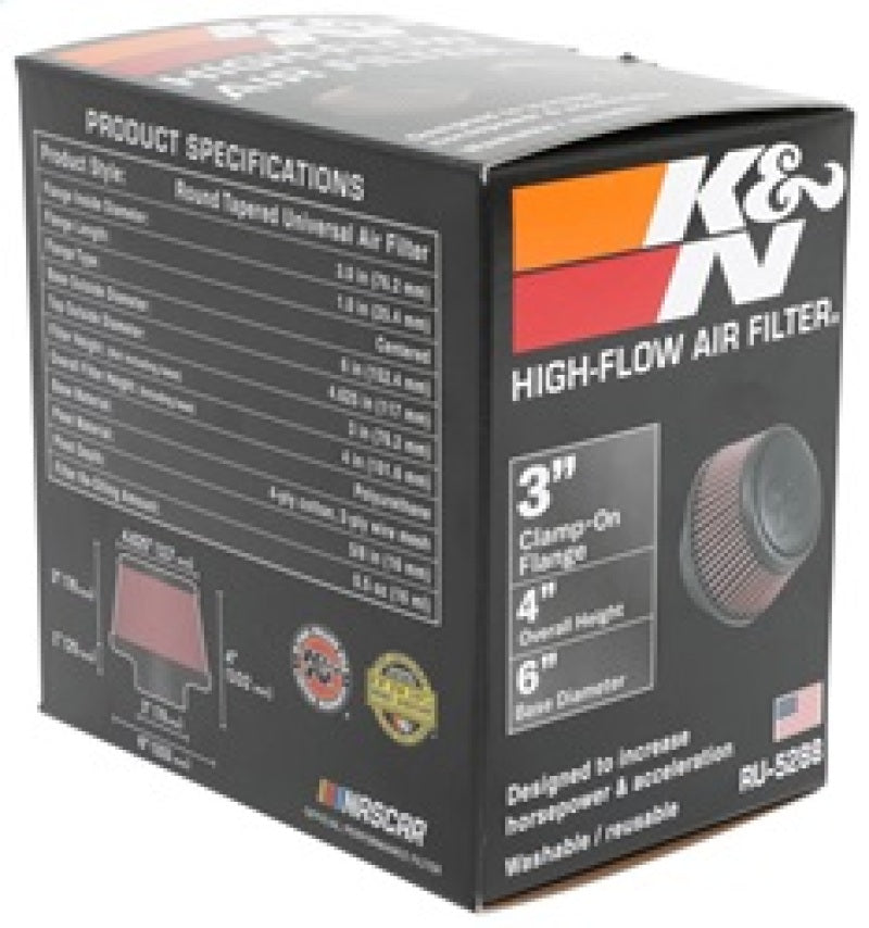 K&N Universal Round Clamp-On Air Filter 3in Flange ID x 6in Base OD x 4.625in Top OD x 3in Height-thumbmail-24