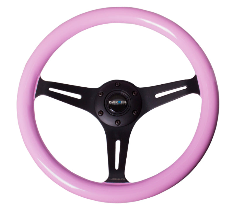 NRG Classic Wood Grain Steering Wheel (350mm) Solid Pink Painted Grip w/Black 3-Spoke Center-thumbmail-3