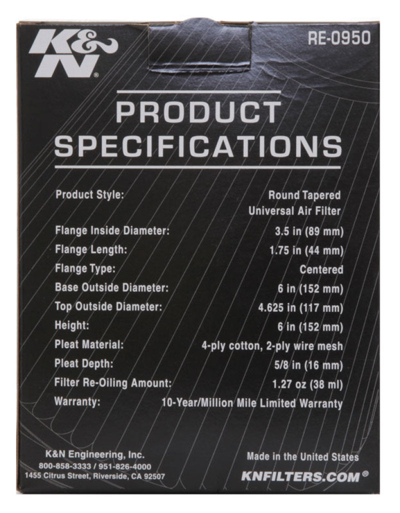 K&N Universal Rubber Filter 3 1/2inch ID FLG / 6inch Base / 4-5/8inch Top / 6inch Height-thumbmail-27