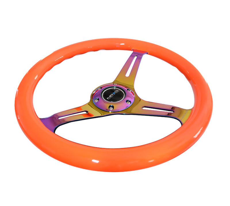 NRG Classic Wood Grain Steering Wheel (350mm) Neon Orange Color w/Neochrome Spokes-thumbmail-4