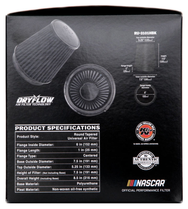 K&N Universal Rubber Filter Round Tapered 6in Flange ID x 7.5in Base OD x 5.25in Top OD x 8in Height-thumbmail-16