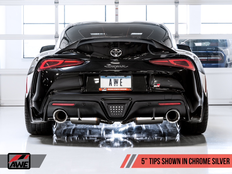 AWE 2020 Toyota Supra A90 Resonated Touring Edition Exhaust - 5in Chrome Silver Tips-thumbmail-6